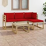 JUNZAI 5-TLG. Garten-Lounge-Set mit Roten Kissen, Lounge Gartenmöbel Set, Gartenlounge Set, Loungemöbel, Möbelsets, Balkon Möbel, Garten Möbel,