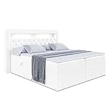 ALTDECOR Boxspringbett mit LED, H3Matratze (20 cm hoch) mit Bonellfederung, Kunstlederbett, Topper (4 cm hoch), Polsterbett mit Kopfteil und Bettkasten 180x200 Weiß Kunstleder