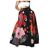 Frauen Blumen in Einer Tasche mit hoher Taille Boheme Maxi-Rock-Party am Strand EIN Langer Rock Kleid Strick Damen (Black, M)