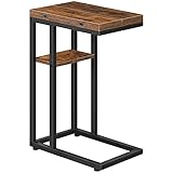 HOOBRO C-Form Beistelltisch, Klappbarer Sofatisch, Couchtisch, Kaffeetisch Snacktisch mit Lagerregal, Schmaler Nachttisch für Wohnzimmer, Schlafzimmer, Metallrahmen, ​Dunkelbraun EBF29SF01