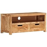 Vintage TV Lowboard TV Schrank TV Board TV-Ständer Fernsehtisch Fernsehschrank Medienkonsole mit 1 Ablage und 2 Schubladen, für Wohnzimmer Schlafzimmer, 88x35x40 cm Massivholz Akazie