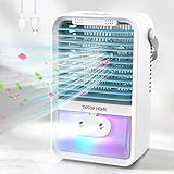 Mobile Klimagerät, Mini Luftkühler, 4 in 1 Klimaanlage mit Aromatherapie und Luftbefeuchter, USB Air Cooler mit 7 LED Leuchten, 3 Windgeschwindigkeiten für Zuhause, Büro, Drinnen Draußen Blau