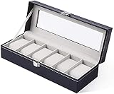 Ohuhu Uhrenbox mit 6 Fächern, Uhrenkasten Uhren Aufbewahrungsbox mit Glasdeckel, Uhrenbox 6 Uhren aus PU Leder und Samt Innenfutter, Uhrenbox Herren für Vatertagsgeschenk, Grau