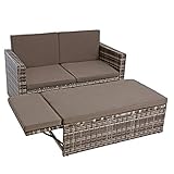 ESTEXO Polyrattan Sitzgruppe Essgruppe Gartenmöbel Set Gartensofa Rattan Sofa mit Hocker ausklappbar Sofa-Set Rattan-Couch Sitzgruppe Lounge Set Ottomane (Beige-Braun)