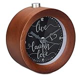 Navaris Analog Holz Wecker mit Snooze - Retro Uhr Rund mit Design Ziffernblatt Alarm Licht - Leise Tischuhr Ohne Ticken - Naturholz in Dunkelbraun