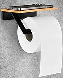 Toilettenpapierhalter ohne Bohren mit Ablage | Klopapierhalter Schwarz mit Holzplatte | Klorollenhalter zum Kleben in edlem Design inkl. kostenlosem E-Book