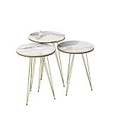 moebel17 Beistelltisch 3er Set rund 38 cm Durchmesser, Höhe 46, 49, 52 cm - Couchtisch Satztisch Metallgestell, Wohnzimmertisch Tisch, Weiß, Marmoroptik, goldene Füße, 3-TLG. Set Deko, 6191