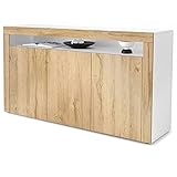 Vladon Sideboard Valencia, Kommode mit 3 Türen und 1 offenem Fach, Weiß matt/Eiche Natur/Eiche Natur (155 x 92 x 40 cm)