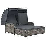 KOIECETA Sonnenliege mit Sonnendach 2-Personen Doppelliege Gartenliege Relaxliege Liege Rattanliege Strandliege Gartenmöbel Poly Rattan Grau