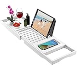 Premium Badewannen-Tablett aus Bambus – erweiterbares Badezimmer-Tablett aus Holz – verstellbares Badezimmertablett für Badewanne – Luxus-Badewannenablage – Geschenkidee für geliebte Menschen (weiß)