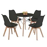 H.J WeDoo Esstisch Rund mit 4 Eiche Stühlen Küchentisch Wohnzimmertisch Holztisch Tisch Set für Wohnzimmer Küche Büro Schwarz