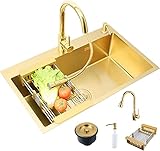 Küchenspüle Edelstahl Waschbecken Goldene Küchenspüle, Unterbau-Küchenspüle mit ausziehbarem Wasserhahn, inklusive goldenem Abfluss und Seifenspender, Aufsatzmontage und bündige Montage