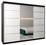 Kryspol Schwebetürenschrank Verona 2-250cm mit Spiegel Kleiderschrank mit Kleiderstange und Einlegeboden Schlafzimmer- Wohnzimmerschrank Schiebetüren Modern Design (Schwarz + Weiß)