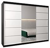 Kryspol Schwebetürenschrank Verona 2-250cm mit Spiegel Kleiderschrank mit Kleiderstange und Einlegeboden Schlafzimmer- Wohnzimmerschrank Schiebetüren Modern Design (Schwarz + Weiß)