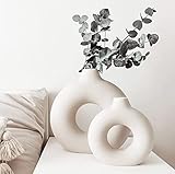 Keramik Vase für Pampasgras 2PCS Weiß Groß+Mittel,Modern Zimmer Deko Donut Vasen Matt,für Blumen Pampasgras Tabelle Bücherregal Kaminsims Wohnzimmer Schlafzimmer Büro Hochzeit Party Geschenk