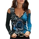 Lässige T-Shirts für Damen Bedruckt V-Ausschnitt Langarm Oberteile Schulterfreies Hemd Pullover Bluse Shirts in Übergröße Spitzenbesatz Aufdruck locker sitzende Bluse Basic Sommeroberteile S-5XL