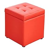 REMYS Cube-Fußhocker, PU-Leder, gepolsterter Fußhocker mit Stauraum, Fußstütze, Massivholz-Unterstützung, wasserdichter Pouffe-Hocker, 30 x 30 x 35 cm, rot