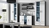 Wohnwand SOHO 10 mit Blauer LED Beleuchtung, Anbauwand, Wohnzimmerschrank, Schrankwand, Vitrine, Lowboard, Hängeregal(Grau/Weiß Hochglanz)