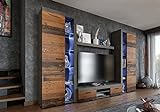 Furnix NEU Wohnwand Riva XL Mediawand Betonoptik Wohnzimmer 4-TLG Komplett-Set mit LED - TV Lowboard, Highboard Vitrine, Wandregal Freistehend - B 300 x H 190 x T 40,2 cm, Farbe Old Wood/Matera