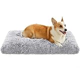 FEANDREA Hundebett, Hundekissen, Flauschige Hundematte, Langer Plüsch, 95 x 60 cm, weiche Polsterung, maschinenwaschbar, Hundekorb, multifunktional, tragbar, hellgrau PGW202G01