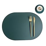 Oval Tischsets Abwischbar, Leder Kunstleder Platzset Zweifarbig Wasserdicht Platzdecken mit Untersetzer ür Hause Küche Restaurant (Grün/Beige,4 Stück)