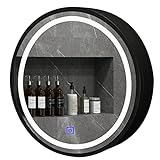 Badezimmerspiegel-Medizinschrank, Aufbewahrungsschrank aus Holz, 50/60/70 cm, runder Badezimmerspiegelschrank mit hellem Regal, Toiletten-Kosmetikspiegel (Farbe: Schwarz, Größe: 70 cm/27,5 Z