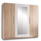 Stella Trading MARTINA Schlichter Kleiderschrank 4-türig - Vielseitiger Drehtürenschrank mit zwei Spiegeltüren in Eiche Sonoma Optik, weiß - 228 x 213 x 59 cm (B/H/T)