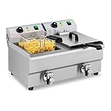 Royal Catering Fritteuse Edelstahl Doppel-Fritteuse RCEF 10DB (2 x 3.000 W, Kapazität: 2 x 10 l, Temperaturbereich: 50-200 °C, Kaltzone, mit Ablasshähnen)