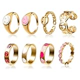 PANTIDE 8Stück Preppy Lächeln Y2K Retro Gold Ringe Satz Bunt Herz Ringe Überzogen Ästhetisch Emaille Einstellbar Offene Knöchel für Frauen Mädchen Sommer Thema Geburtstag Party Geschenk Zubehör