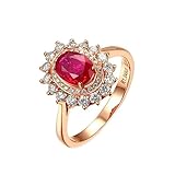 Rubin Ring Gold 750, Ringe Frauen Zum Verloben Sonnenblume 18 Karat (750) Rotgold 1.046Ct Rosarot Ovale Form 0.45Ct Diamant G Größe 62 (19.7)