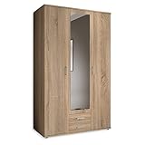 KARL Eleganter 3-türiger Kleiderschrank mit viel Stauraum - Mehrzweckschrank Sonoma Eiche mit Spiegeltür - 120 x 195 x 55 cm