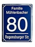Hausnummernschild Format 200 x 250 mm - Hausnummer - Emaille - Keramik - Wetterfest - Türschild. Farben: Blau Grün Anthrazit Dunkelblau Weiß - Wunschtext. J.Pfaffenzeller