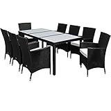 Casaria Polyrattan Sitzgruppe 190x90cm 8 stapelbare Stühle Höhenverstellbar 7cm Auflagen 5mm Sicherheitsglas Wetterfest Sitzgarnitur Gartenmöbel Set Schwarz