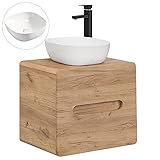 Lomadox Badmöbel Waschtisch Set mit 60 cm Unterschrank Keramik Aufsatz-Waschbecken, Wotan Eiche Nb. Dekor, 2 Softclose-Schubkästen