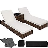 TecTake 2er Lounge Sonnenliegen Set Plus Tisch – inkl. 2 Bezugsets und Schutzhülle, Outdoor Poly Rattan Gartenmöbel Set, 2X Gartenliege wetterfest - braun