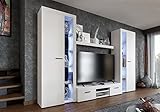 Furnix Wohnwand Riva XL Mediawand Weiß Wohnzimmer 4-TLG Komplett-Set mit LED - TV Lowboard, Highboard Vitrine, Wandregal - Modern Freistehend - B 300 x H 190 x T 40,2 cm, Farbe Weiß