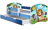 ACMA Kinderbett Jugendbett mit Einer Schublade und Matratze Blau mit Rausfallschutz Lattenrost II 140x70 160x80 180x80 (02 Animals, 160x80 + Bettkasten)