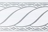 Dundee Deco MGAZBD5013 Tapeten Bordüre, selbstklebend, Damast, grau, weiße Schnörkel, Rolle Tapetenbordüre 10 m x 5 cm