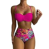 Damen Bikini Sets hoch taillierte Zweiteilige Badeanzüge Blumendruck Neckholder Badebekleidung T Shirt Pack 10 (S,Hot Rosa)