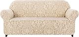 subrtex Damast Sofabezug Stretch Sofahusse Couchbezug Sesselbezug Elastischer Blumenmuster rutschfest Stretchhusse Weich Stoff(2 Sitzer,Beige Muster)