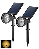 BLOOMWIN 2 Stk. Solar Gartenstrahler Warmweiß Projektorlampe, Solarstrahler mit Erdspieß für Außen Garten Wasserdichte IP65 Gartenbeleuchtung Dimmbare Pflanzenstrahler Gartendeko Rasen Balkon Hof