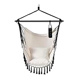 Juskys Hängesessel Miami mit Kissen, Stange & Tasche - Makramee Hängekorb - Schaukel bis 150 kg belastbar - Outdoor Indoor Sessel - Hängeschaukel Beige