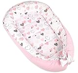 Babynestchen 2seitig Kuschelnest Kokon für Babys Nestchen antiallergischre Neugeborene Kokon Baby nest 90 x 55cm Baumwolle und VELVET (Rosa Herzen)