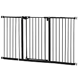 PawHut Türschutzgitter Hunde, Absperrgitter, 74-147,5 cm, Treppenschutzgitter für Haustier, Hundegitter incl. 3 Verschiedene Verlängerungen, Schutzgitter ohne Bohren, Metall, Kunststoff, Schwarz
