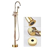 SWHC Einhandmischer für Wanne, 2 Funktionen Standarmatur Freistehend Wannenarmatur Armatur mit Handbrause, Gold Freistehende Armatur Badewanne 360°Drehen Auslauf Messing