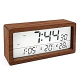Wecker Digital, digitaler wecker Holz 14.5 x 5.5cm großem Bildschirm Tischuhr mit Snooze/Datum/Temperatur und Luftfeuchtigkeit für Nachttisch, Schlafzimmer, Nacht Kinder und Büro Holz Sapele Braun