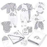 Baby Sweets® Unisex Baby Erstausstattung für Neugeborene Little Elephant - Neugeborenen Set mit 14 Teilen aus Baumwolle für Neugeborene & Kleinkinder in Grau & Weiß in Größe: Newborn (56)