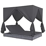 Gecheer Outdoor-Lounge-Bett mit Vorhängen Poly Rattan Sonneninsel mit Sonnendach Garten Sofa Gartenliege | Lounge Liege Set Gartenmöbel Terrassen Strandkorb Grau