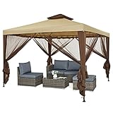 Mondeer Gartenpavillon 3x3m, Doppeldach Gartenlaube Pavillon mit 4 Moskitonetze Seitenteilen für Schatten und Regen, Metall Gestell Stabil, Khaki