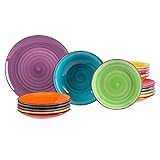 MamboCat 18tlg. Teller-Set uni bunt | Edles Steingut-Geschirr | Speiseteller + Suppenteller 750 ml + Kuchenteller | 6 Farben | mediterran